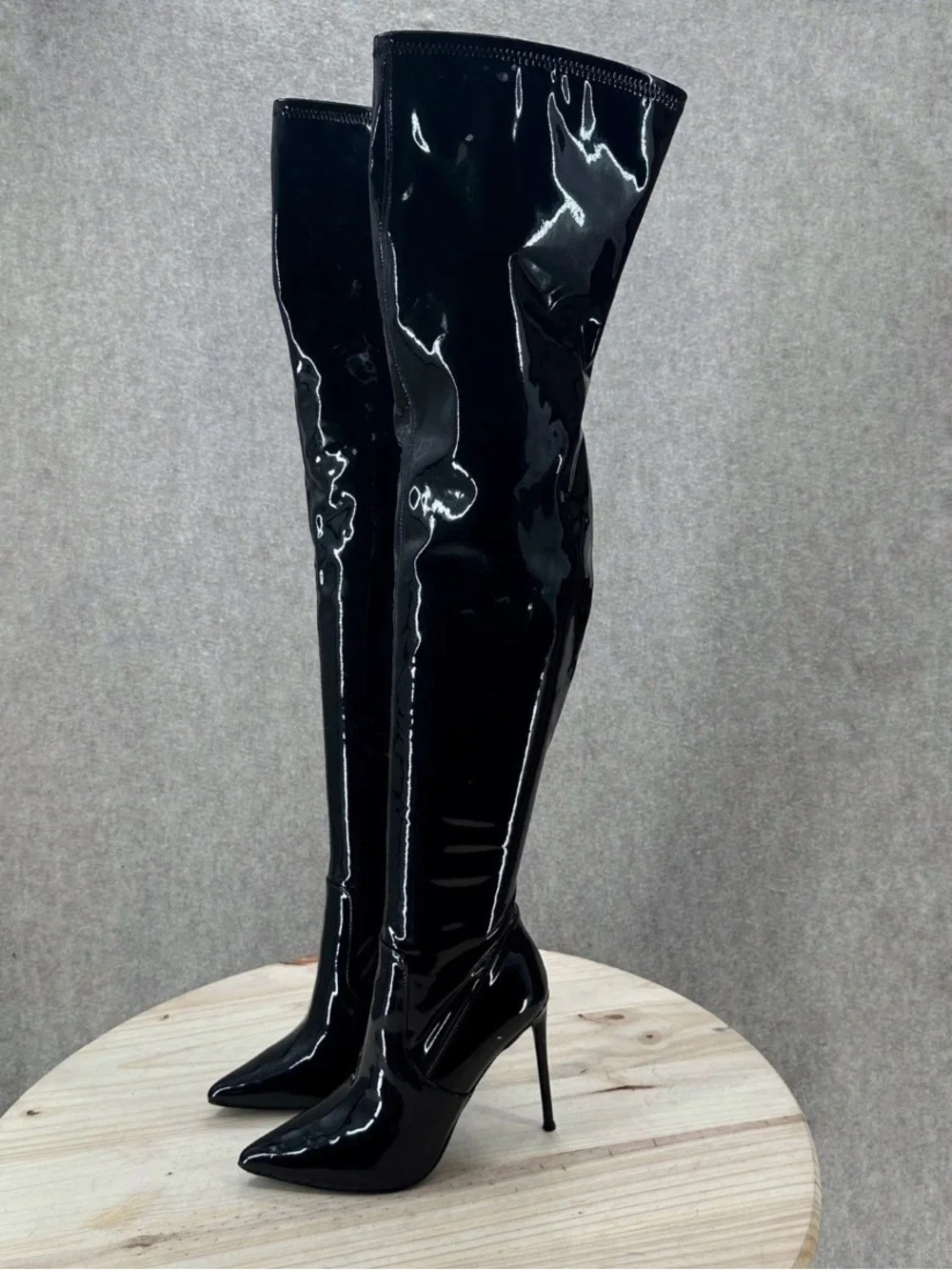 Steve Madden Viktory Patent Faux Leather Thigh High Stiletto Boots Toe Over Knee